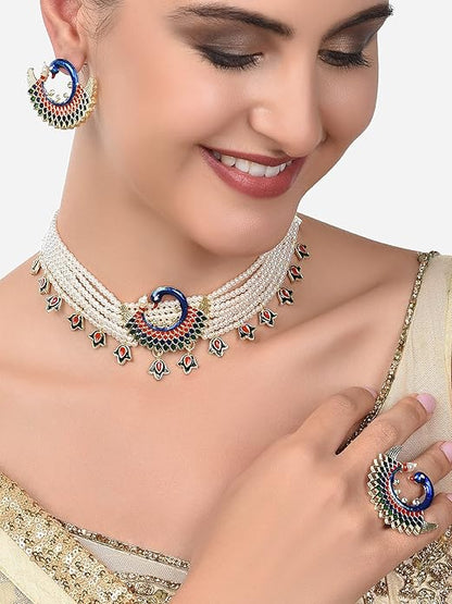 Meenakari Necklace Multicolor Peacock Design Choker Set