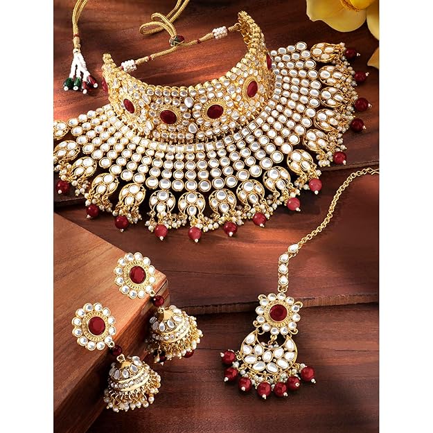 Bridal Necklace and Earring Set in Traditional Kundan Pearl Studded Bridal Choker with Earrings and Maang Tikka Jewellery Set for Women