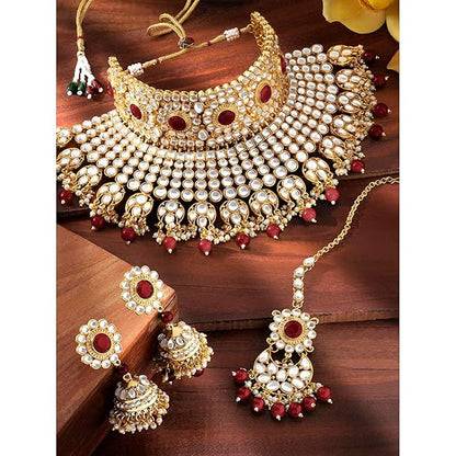 Bridal Necklace and Earring Set in Traditional Kundan Pearl Studded Bridal Choker with Earrings and Maang Tikka Jewellery Set for Women