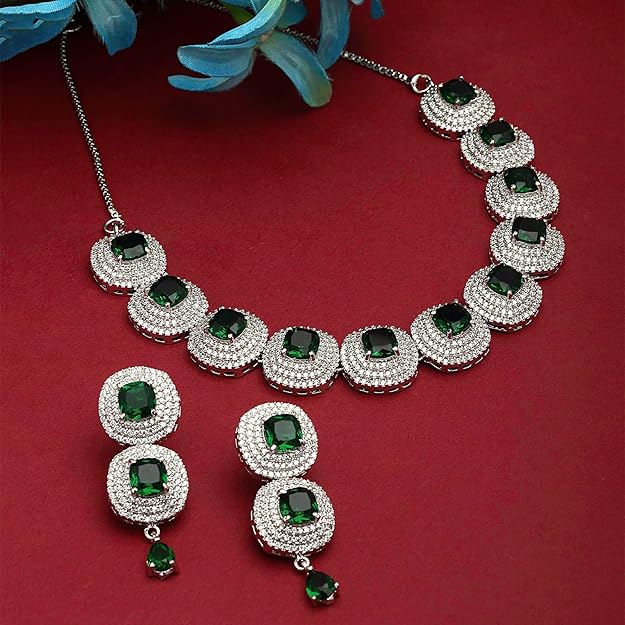 AD Set Jewellery in Rhodium Plated Silver Toned Triangular Shaped American Diamond Studded Jewellery Set