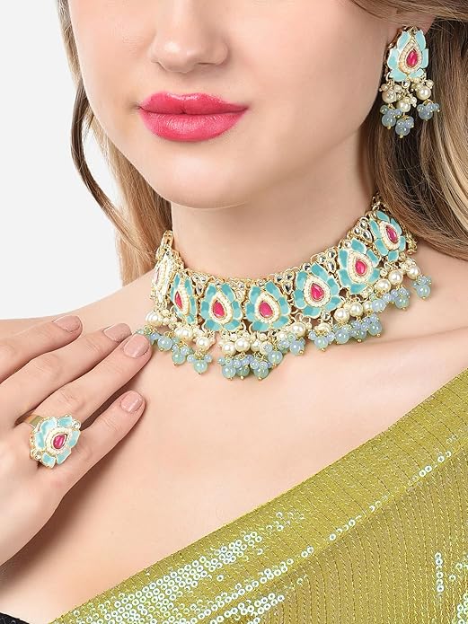 Indian Choker Necklace Pink Green Meenakari Set