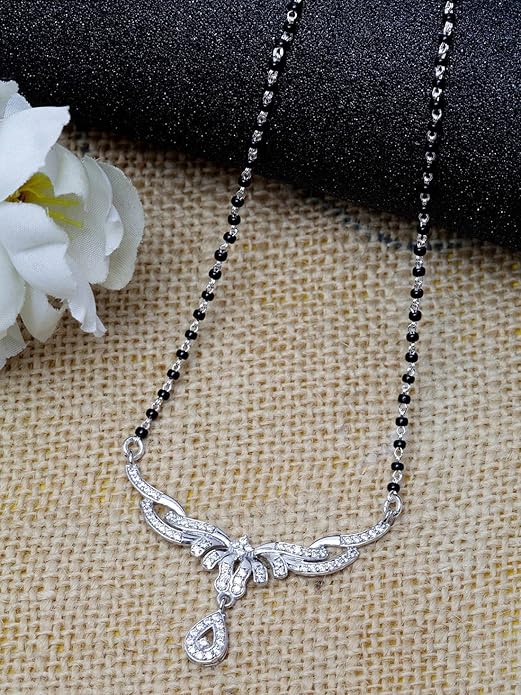 Mangalsutra in Chain in 925 Sterling Silver Contemporary Design with Earrings and Platinum Plating