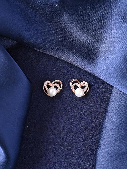 Pearl Heart Earrings in Sterling Silver Adah Freshwater Pearl Design with Rose Gold Plated Swiss Zirconia