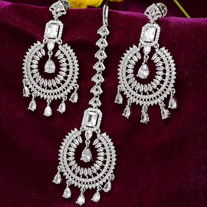 Diamond Shape Maang Tikka in Rhodium Plated Stylish Shiny Round Design Earring Jewellery Set