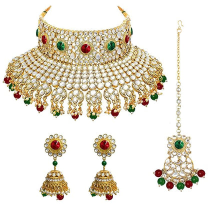 Bridal Necklace and Earring Set in Traditional Kundan Pearl Studded Bridal Choker with Earrings and Maang Tikka Jewellery Set for Women
