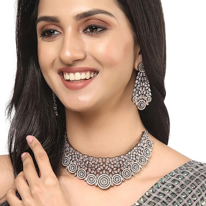 American Diamond Necklace Set in Rhodium Plated Silver Toned AD Choker Necklace with Earrings Jewellery Set for Women and Girls