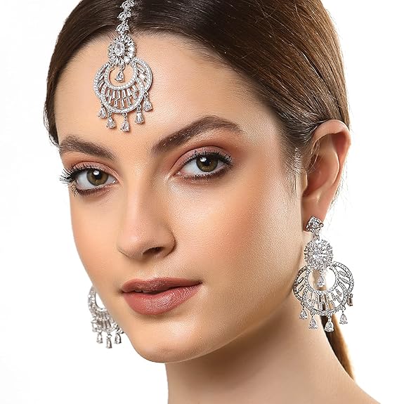 American Diamond Chandbali Earrings in Rhodium Plated Stylish Shiny Round Design Maang Tikka Set