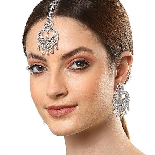 American Diamond Jewelry Set in Rhodium Plated Stylish Shiny Round Design Maang Tikka Earring Jewellery
