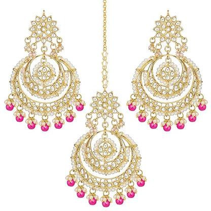 Mang Tikka for Women in Traditional Rhodium Kundan & Pearl Earring Set Design