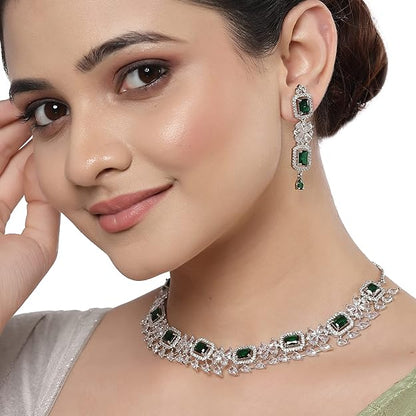 American Diamond Jewellery in Rhodium Plated Silver Toned Green and White AD Studded Necklace and Earrings Set for Women