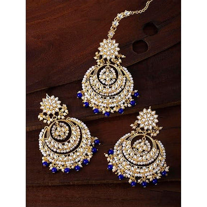 Mang Tikka for Women in Traditional Rhodium Kundan & Pearl Earring Set Design