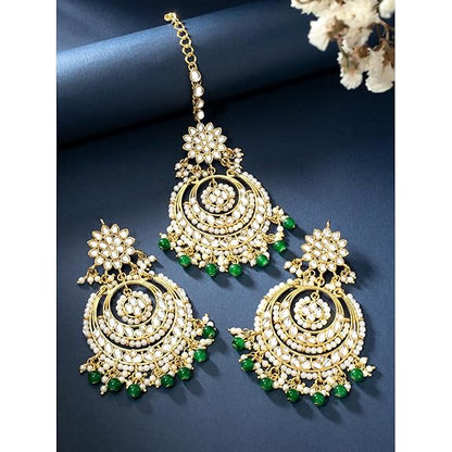 Mang Tikka for Women in Traditional Rhodium Kundan & Pearl Earring Set Design