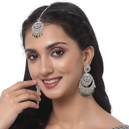 American Diamond Jewelry Set in Rose Gold Plated American Diamond Studded Maang Tikka & Earrings for Women and Girls