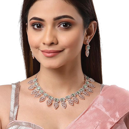 American Diamond Emerald Necklace in Leaf Style Rectangle Shaped AD Studded Rose Gold Plated Necklace Jewellery Set for Women and Girls