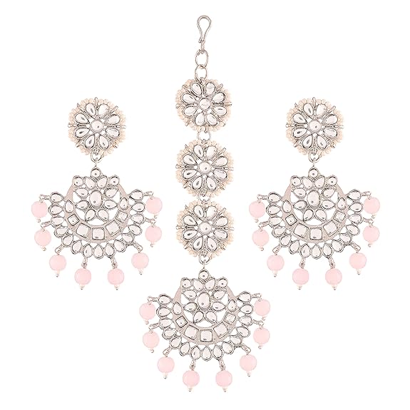 Traditional Earrings India in Rhodium Plated Kundan & Faux Pearl Chandbali Maang Tikka Set