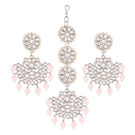 Traditional Earrings India in Rhodium Plated Kundan & Faux Pearl Chandbali Maang Tikka Set