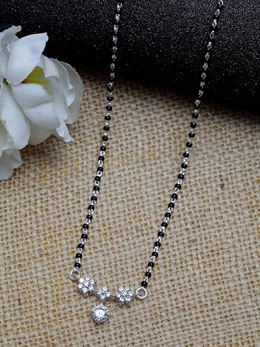 Silver Mangalsutra in 925 Sterling Silver Contemporary Design with Earrings and Chain Platinum Plated Swiss Zirconia