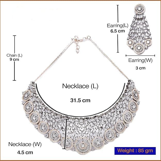 Jewelry set with necklace and earrings, including measurements and weight details, on a white background.