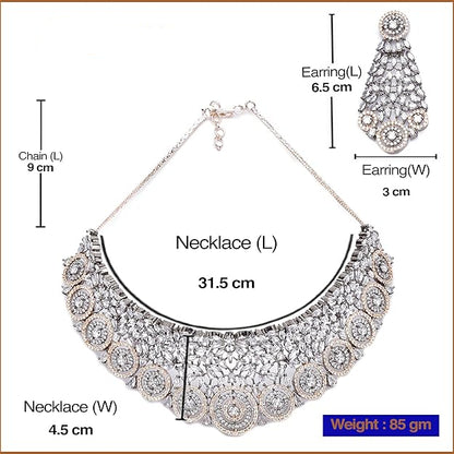 Jewelry set with necklace and earrings, including measurements and weight details, on a white background.