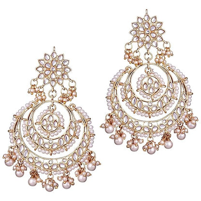 Pearl Necklace and Earring Set in Gold Plated Kundan Chandbali Design with Maang Tikka