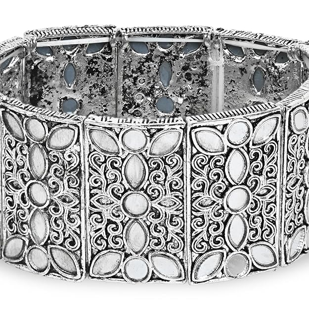 Silver Stretch Bracelet Oxidised Mirror Work