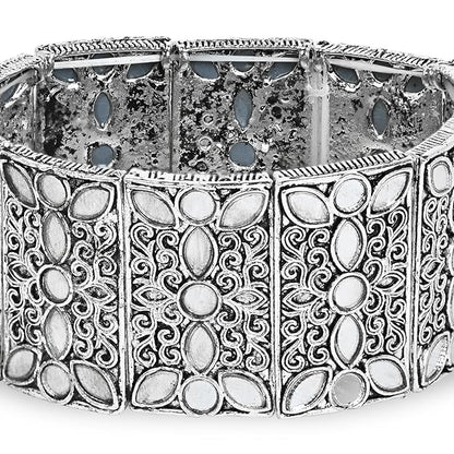 Silver Stretch Bracelet Oxidised Mirror Work