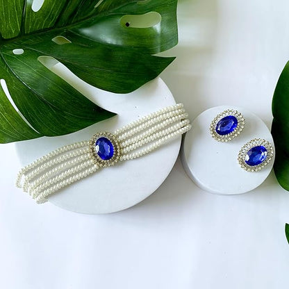 Choker Necklace in Gold Plated Traditional Stone Studded Pearl Choker Necklace Jewellery Set for Women and Girls