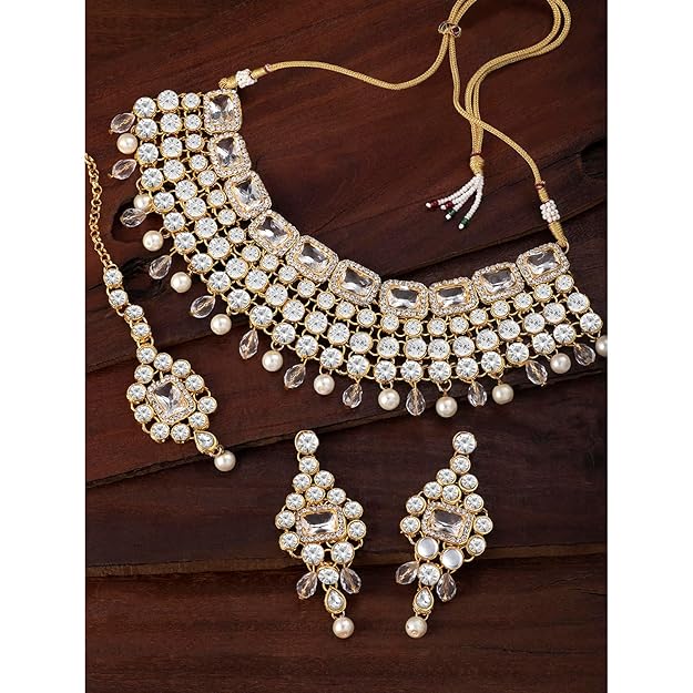 Crystal Choker Necklace with Maang Tikka and Earrings Indian Traditional Bridal Wedding Jewellery Set for Women