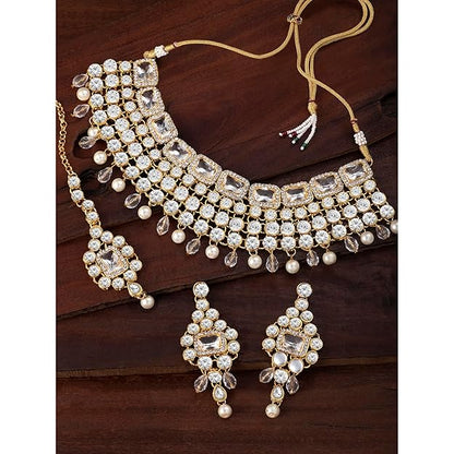 Crystal Choker Necklace with Maang Tikka and Earrings Indian Traditional Bridal Wedding Jewellery Set for Women