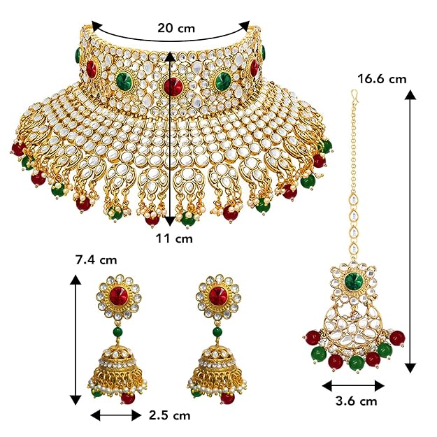 Bridal Necklace and Earring Set in Traditional Kundan Pearl Studded Bridal Choker with Earrings and Maang Tikka Jewellery Set for Women