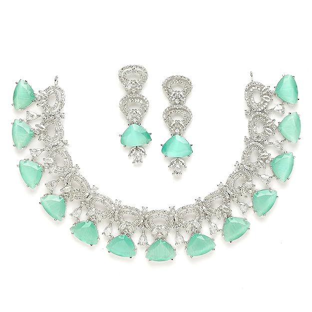 AD Necklace Set in Rhodium Plated Silver Toned Red and White American Diamond Studded Choker Necklace with Drop Earrings