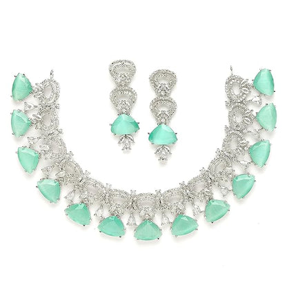 AD Necklace Set in Rhodium Plated Silver Toned Red and White American Diamond Studded Choker Necklace with Drop Earrings