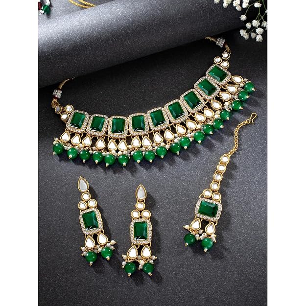 Crystal Collar Necklace in Faux Pearl and Kundan Style Necklace Jewellery Set for Women