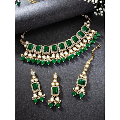 Crystal Collar Necklace in Faux Pearl and Kundan Style Necklace Jewellery Set for Women