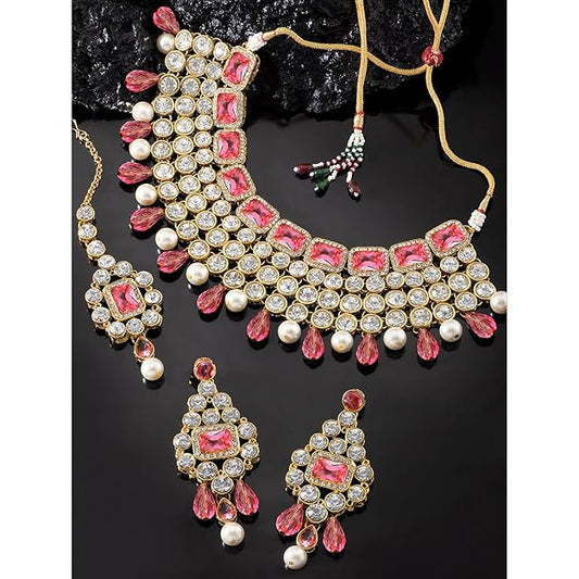 Crystal Choker Necklace with Maang Tikka and Earrings Indian Traditional Bridal Wedding Jewellery Set for Women