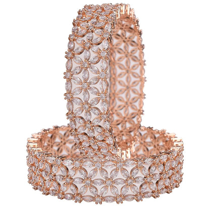 Beautiful CZ Studded Rose Gold Plated Traditional White Heavy Kada Bangles Set for Women