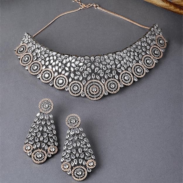 American Diamond Necklace Set in Rhodium Plated Silver Toned AD Choker Necklace with Earrings Jewellery Set for Women and Girls