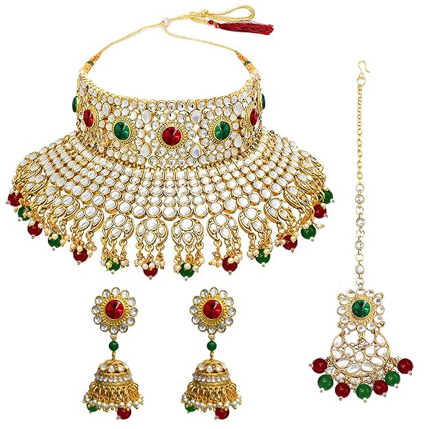 Bridal Necklace and Earring Set in Traditional Kundan Pearl Studded Bridal Choker with Earrings and Maang Tikka Jewellery Set for Women