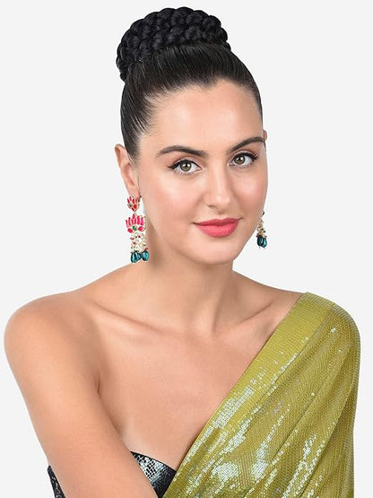 Green Beads Pink Meenakari Lotus Drop Earrings