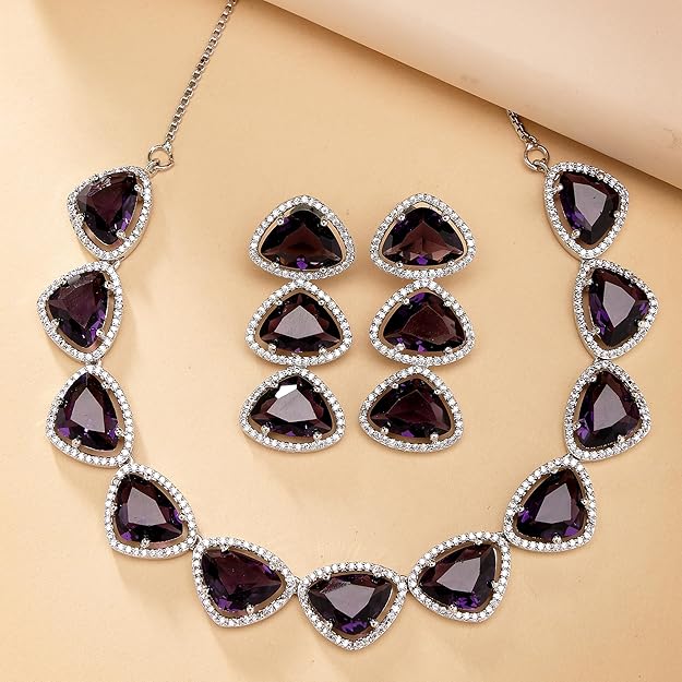 American Diamond Indian Jewellery in Rhodium Plated Silver Toned Triangular Shaped AD Studded Jewellery Set for Women and Girls