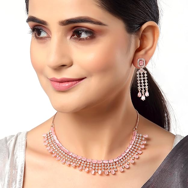 American Diamond Choker Set in Floral Design AD Studded Choker Necklace with Earrings for Women and Girls