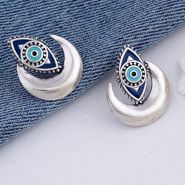 Silver Studs for Women in Evil Eye Crescent Oxidised Design