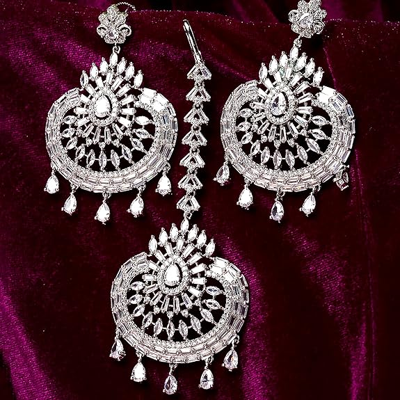 American Diamond Jewelry Set in Rhodium Plated Stylish Shiny Round Design Maang Tikka Earring Jewellery