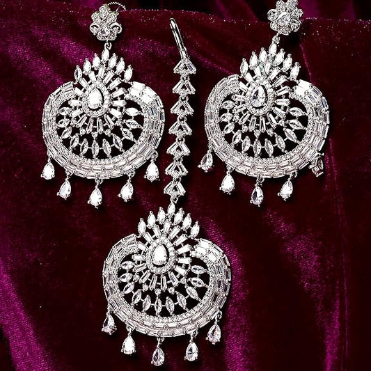 American Diamond Jewelry Set in Rhodium Plated Stylish Shiny Round Design Maang Tikka Earring Jewellery