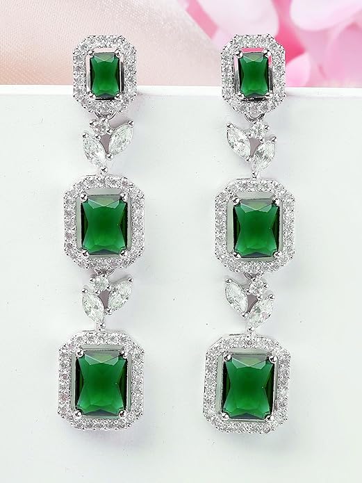 Green And White American Diamond Drop Earrings