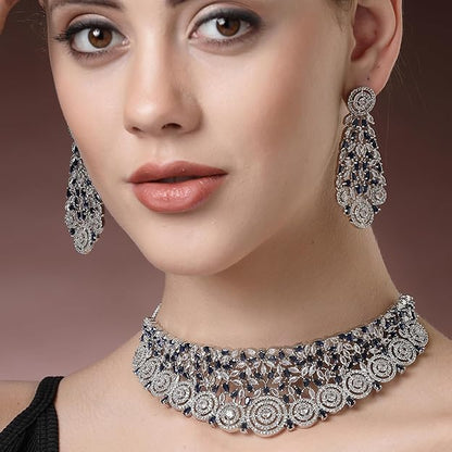 American Diamond Necklace Set in Rhodium Plated Silver Toned AD Choker Necklace with Earrings Jewellery Set for Women and Girls