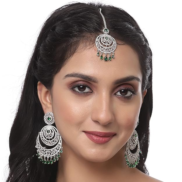 American Diamond Jewelry Set in Rose Gold Plated American Diamond Studded Maang Tikka & Earrings for Women and Girls