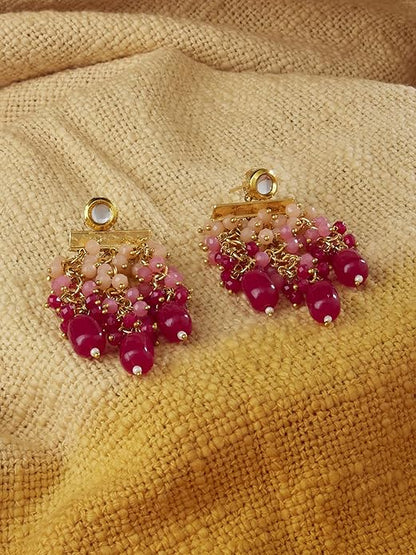 Jhumka Earrings in Pink Cluster Beads Kundan Drop Gold Tone Design