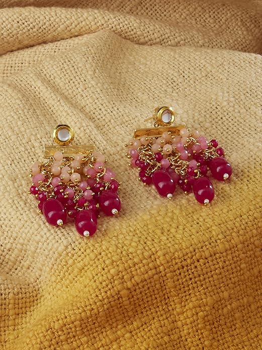 Jhumka Earrings in Pink Cluster Beads Kundan Drop Gold Tone Design