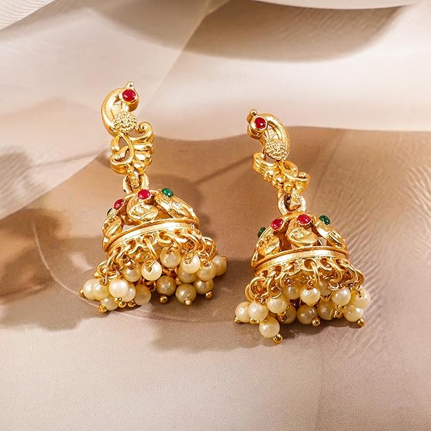 Gold Temple Jewellery Set for Marriage in Gold Plated Floral Traditional Necklace Set for Women and Girls